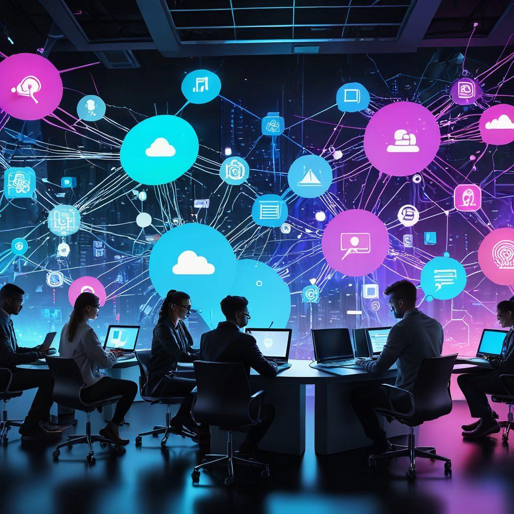 A vibrant digital hub featuring diverse individuals engaged in lively online discussions, surrounded by interconnected social network icons and glowing speech bubbles. The scene captures the energy of collaboration and knowledge sharing, with a backdrop of a virtual world. Add elements of technology like laptops and smartphones to enhance the modern feel. super-realistic. vibrant colors. cyberpunk.