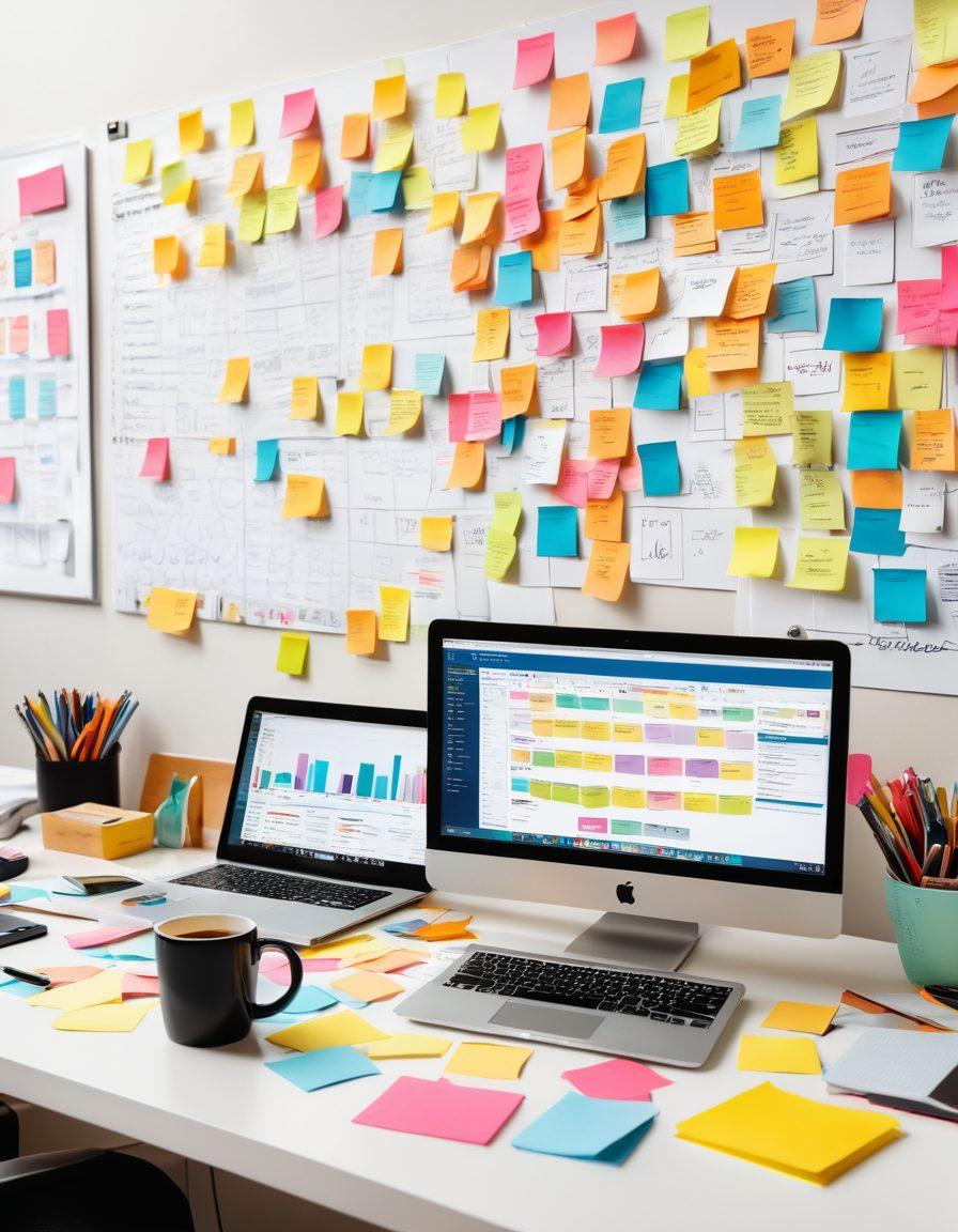 A vibrant desk scene featuring a diverse group of professionals brainstorming content ideas, surrounded by colorful sticky notes, laptops, and coffee mugs. The backdrop includes a large whiteboard filled with strategies, charts, and keywords symbolizing content production. Emphasize collaboration and creativity in a modern workspace, with a warm and inviting atmosphere. super-realistic. vibrant colors. white background.