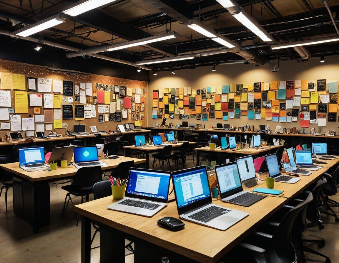 A vibrant digital workspace filled with diverse individuals collaborating on writing and content creation. Incorporate elements such as laptops, stacks of colorful books, and creative brainstorming tools. Show a glowing community board with inspiring quotes and ideas. Include bright, inviting colors to emphasize creativity and collaboration. vector art. vibrant colors.